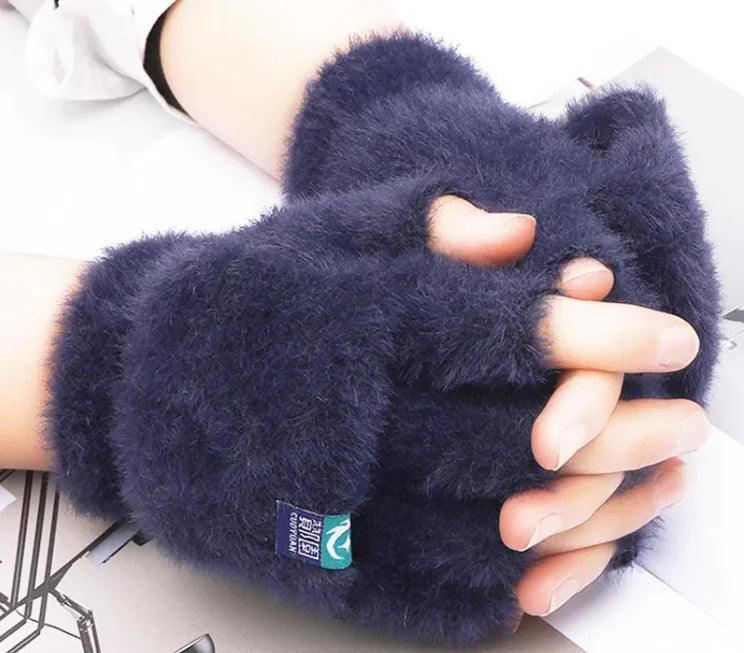 Plush Gloves Female Winter Warm Student Exposed Finger Flip Gloves Household - 4U! Online 