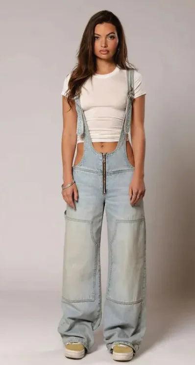 Y2K Denim Overalls with Pockets - Loose Fit Jumpsuit for Women, Streetwear Style - 4U! Online 