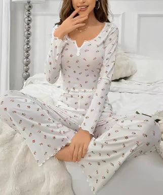 Floral Print Lettuce Edge Lace Collar Button Pajamas - 4U! Online 