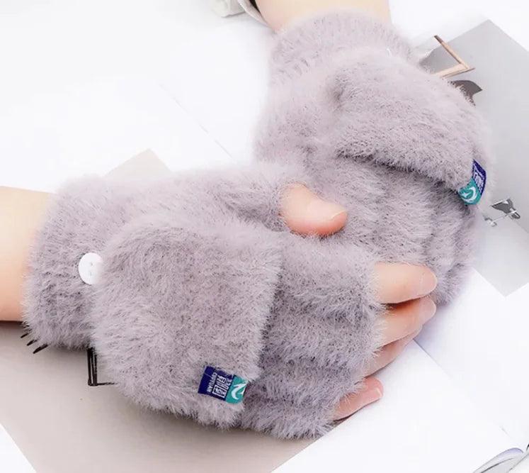 Plush Gloves Female Winter Warm Student Exposed Finger Flip Gloves Household - 4U! Online 