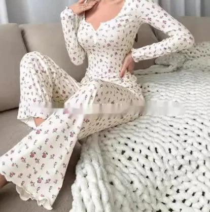 Floral Print Lettuce Edge Lace Collar Button Pajamas - 4U! Online 