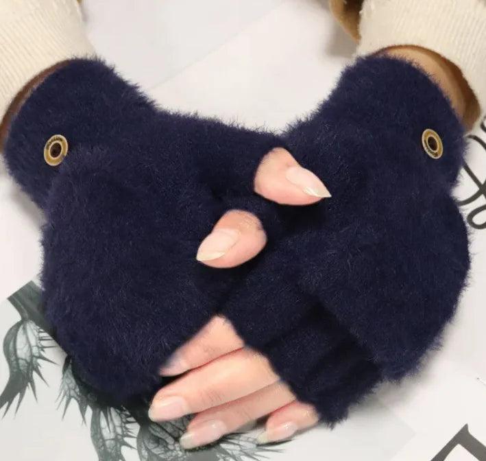 Plush Gloves Female Winter Warm Student Exposed Finger Flip Gloves Household - 4U! Online 