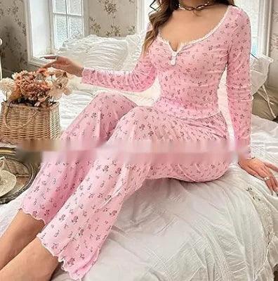 Floral Print Lettuce Edge Lace Collar Button Pajamas - 4U! Online 