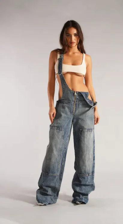 Y2K Denim Overalls with Pockets - Loose Fit Jumpsuit for Women, Streetwear Style - 4U! Online 