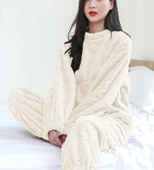 Winter Pajamas Sets Homewear Solid Color Loose Thickened Coral Velvet Pullover Long Sleeves And Trousers Warm Pajamas Indoor Outdoor Casual Clothes - 4U! Online 