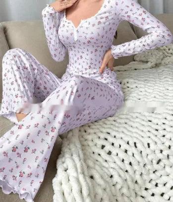 Floral Print Lettuce Edge Lace Collar Button Pajamas - 4U! Online 