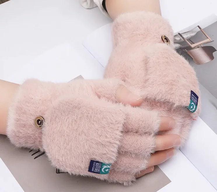 Plush Gloves Female Winter Warm Student Exposed Finger Flip Gloves Household - 4U! Online 