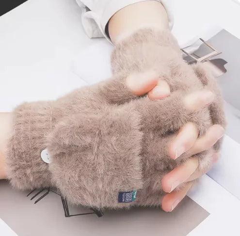 Plush Gloves Female Winter Warm Student Exposed Finger Flip Gloves Household - 4U! Online 